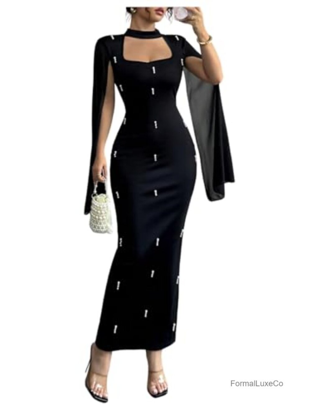 Halter Neck Cape Long Sleeve Maxi Dress Wedding Guest Cocktail Formal